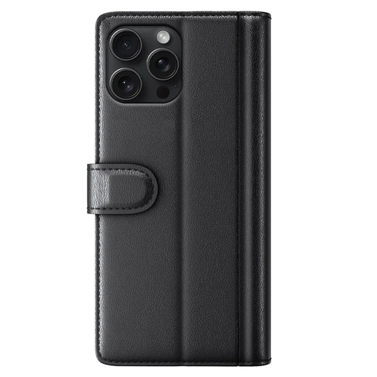For iPhone 16 Pro Case Genuine Split Leather Phone Cover with Wallet Stand - Black-Cellmalls
