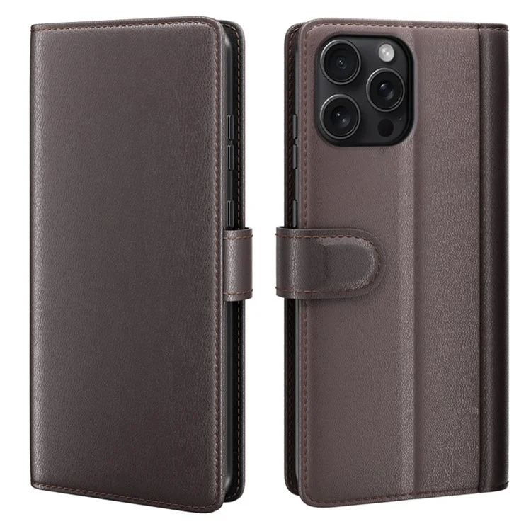 For iPhone 16 Pro Max Case Genuine Split Leather Phone Cover with Wallet Stand - Brown-Cellmalls