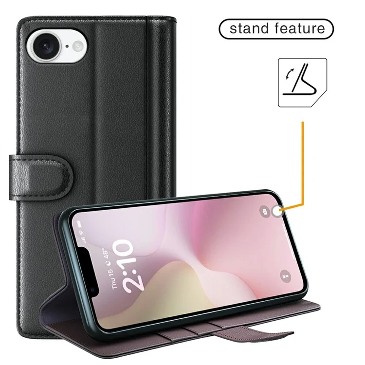 For iPhone 16e Phone Cases Genuine Split Leather Wallet Mobile Cover Stand - Black-Cellmalls