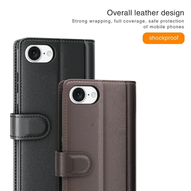 For iPhone 16e Phone Cases Genuine Split Leather Wallet Mobile Cover Stand - Black-Cellmalls