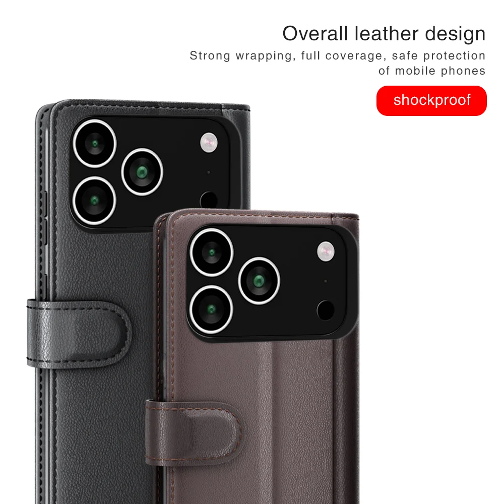 For iPhone 17 Pro Max Case Genuine Split Leather Phone Cover Wallet Card Slot - Black-Cellmalls