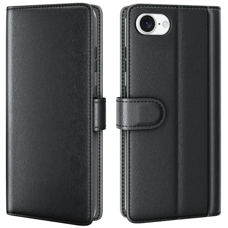 For iPhone 16e Phone Cases Genuine Split Leather Wallet Mobile Cover Stand - Black-Cellmalls