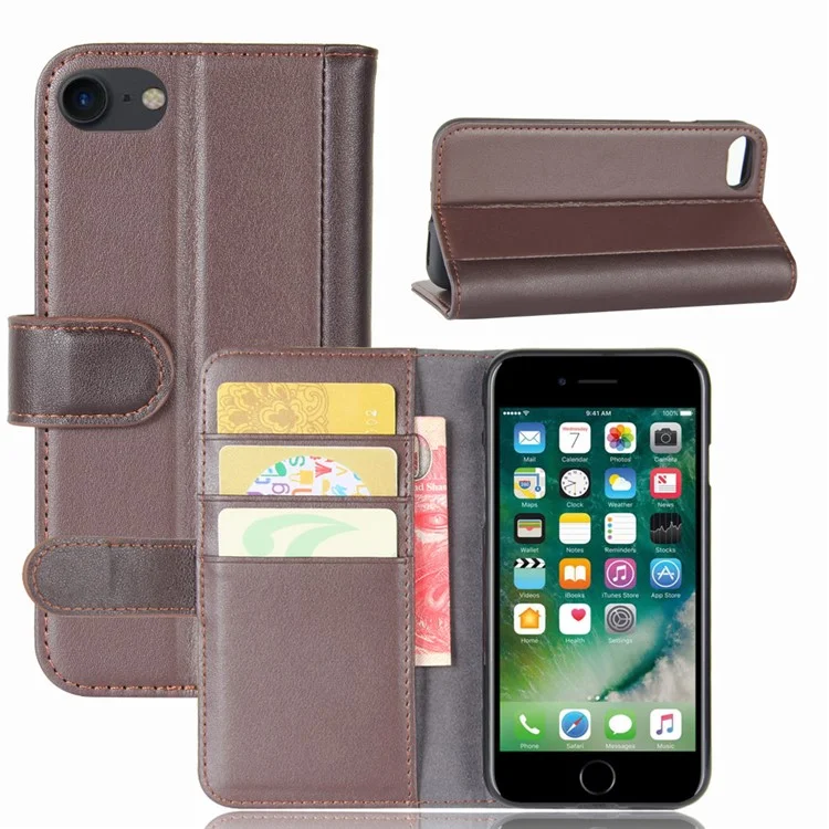 Genuine Split Leather Wallet Phone Protective Cover with Stand for iPhone SE (2020)/SE (2022)/8/7 4.7 inch - Black-Cellmalls
