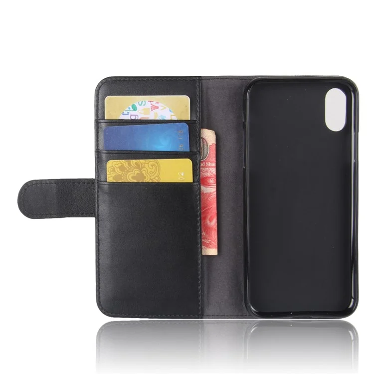 Genuine Leather Wallet Stand Shell Case for iPhone X Cell Phone Accessory - Black-Cellmalls