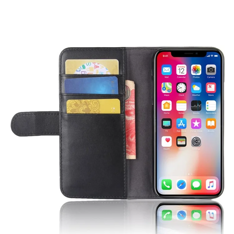 Genuine Leather Wallet Stand Shell Case for iPhone X Cell Phone Accessory - Black-Cellmalls