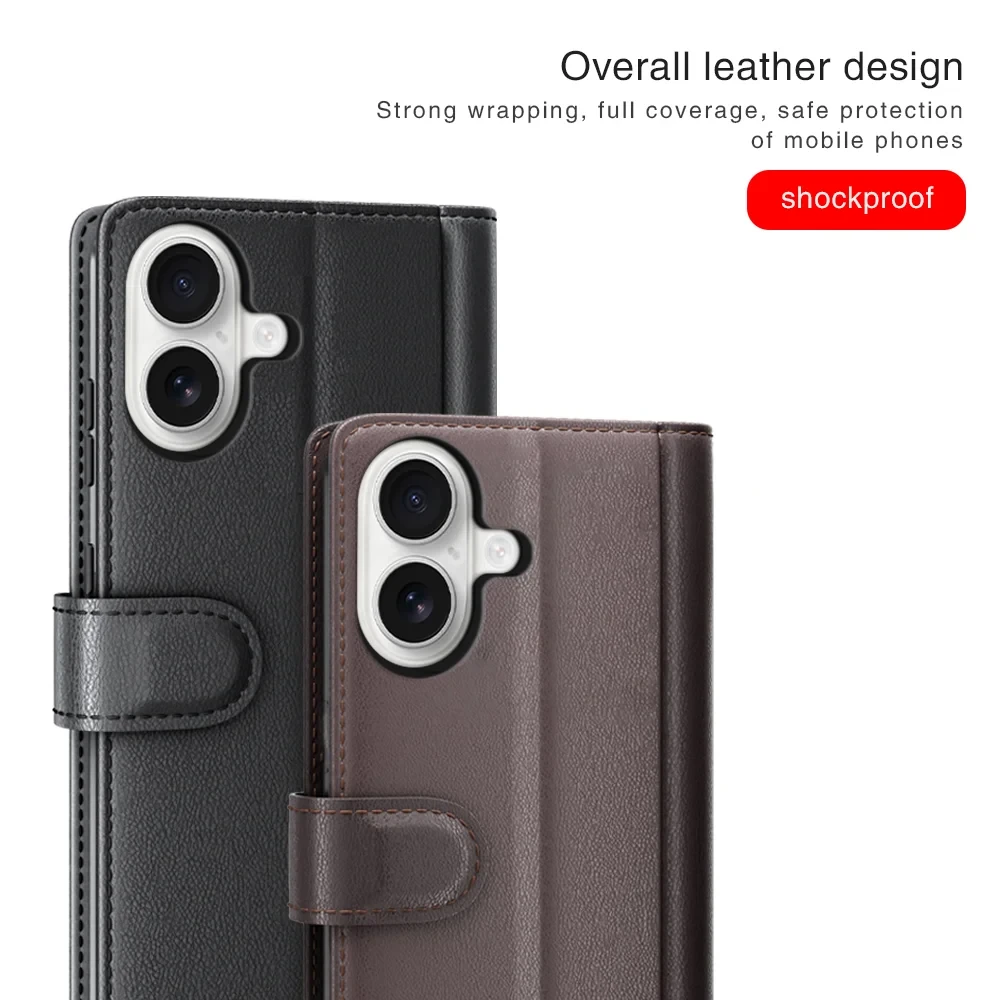 For iPhone 17 Case Genuine Split Leather Phone Cover Wallet Card Slot - Black-Cellmalls