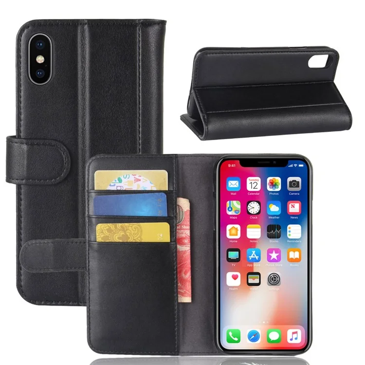 Genuine Leather Wallet Stand Shell Case for iPhone X Cell Phone Accessory - Black-Cellmalls