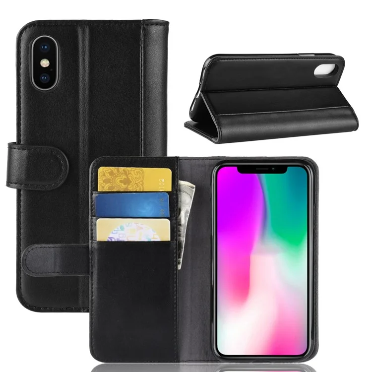 For iPhone XR Phone Cases Genuine Split Leather Wallet Mobile Cover Stand - Black-Cellmalls