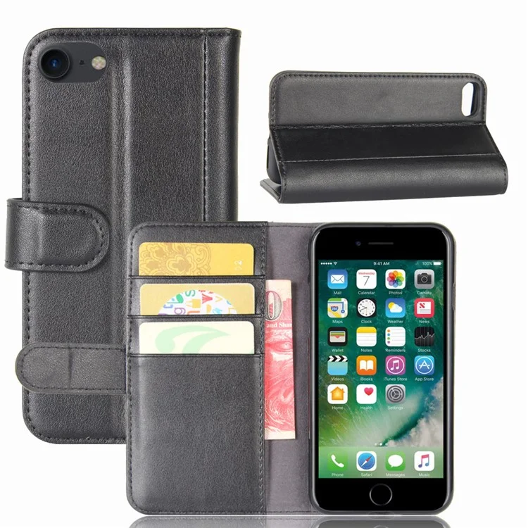Genuine Split Leather Wallet Phone Protective Cover with Stand for iPhone SE (2020)/SE (2022)/8/7 4.7 inch - Black-Cellmalls