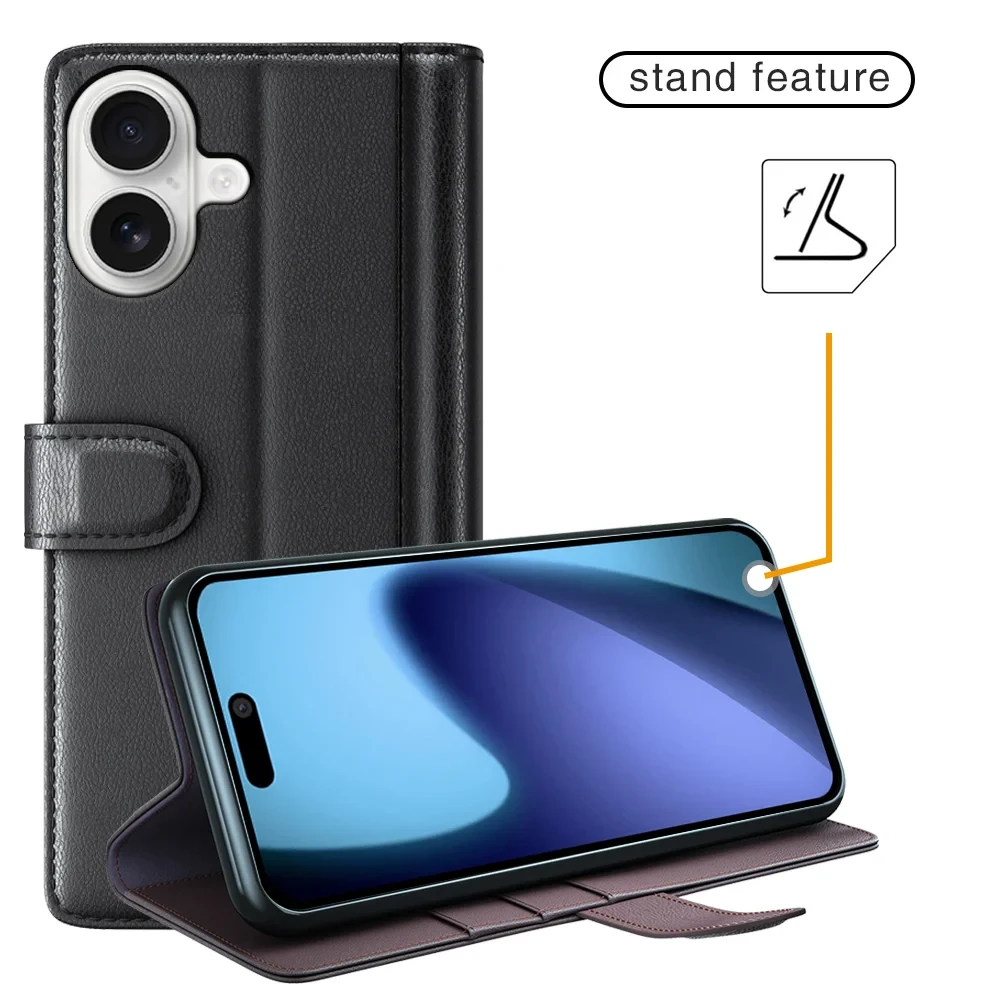 For iPhone 17 Case Genuine Split Leather Phone Cover Wallet Card Slot - Black-Cellmalls