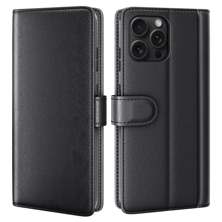For iPhone 16 Pro Case Genuine Split Leather Phone Cover with Wallet Stand - Black-Cellmalls