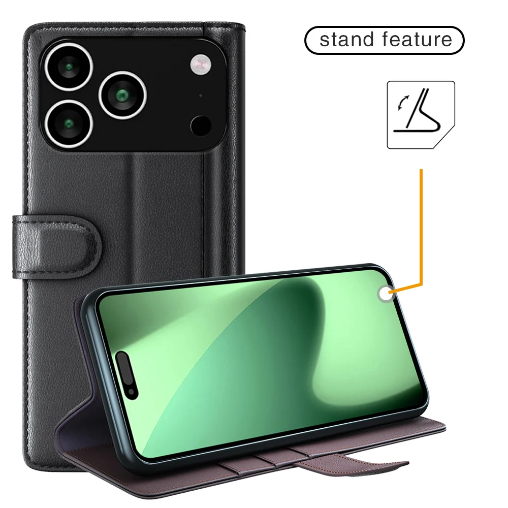 For iPhone 17 Pro Case Genuine Split Leather Phone Cover Wallet Card Slot - Black-Cellmalls