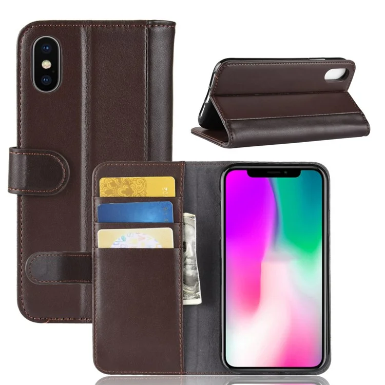 For iPhone XR Phone Cases Genuine Split Leather Wallet Mobile Cover Stand - Black-Cellmalls
