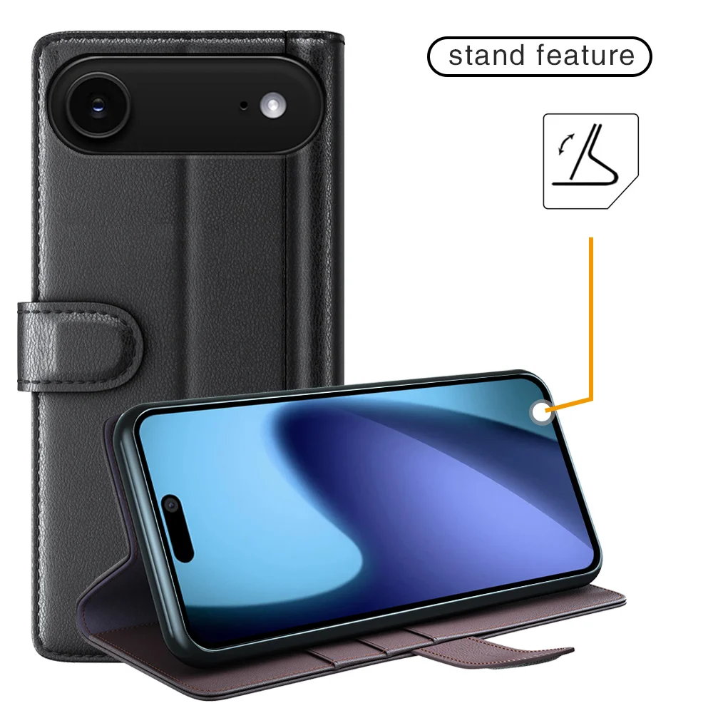 For iPhone 17 Air Case Genuine Split Leather Phone Cover Wallet Card Slot - Black-Cellmalls