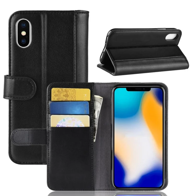 For iPhone XS Max Phone Cases Genuine Split Leather Wallet Mobile Cover Stand - Black-Cellmalls