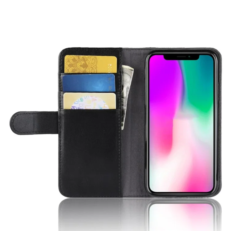 For iPhone XR Phone Cases Genuine Split Leather Wallet Mobile Cover Stand - Black-Cellmalls