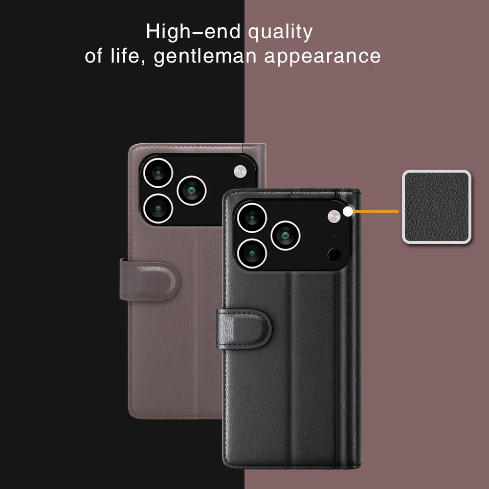 For iPhone 17 Pro Case Genuine Split Leather Phone Cover Wallet Card Slot - Black-Cellmalls