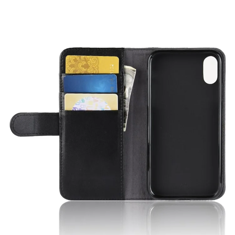 For iPhone XS Max Phone Cases Genuine Split Leather Wallet Mobile Cover Stand - Black-Cellmalls