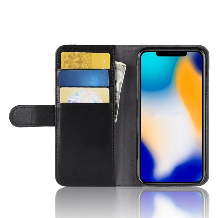 For iPhone XS Max Phone Cases Genuine Split Leather Wallet Mobile Cover Stand - Black-Cellmalls
