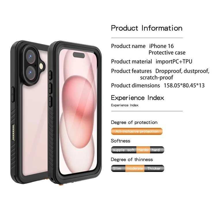REDPEPPER FS Series For iPhone 16 Cell Phone Case IP68 Waterproof Clear Back Panel Phone Cover-Cellmalls