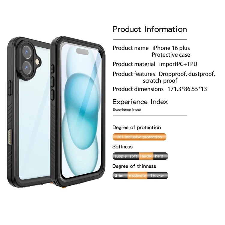 REDPEPPER FS Series For iPhone 16 Plus Phone Case IP68 Waterproof Clear Back Panel Phone Cover-Cellmalls