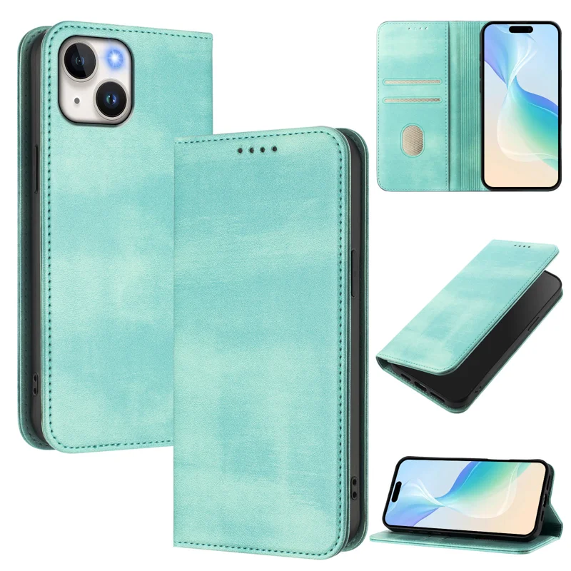 For iPhone 15 Wallet Cases Retro Texture RFID Blocking Leather Phone Cover - Mint Green-Cellmalls