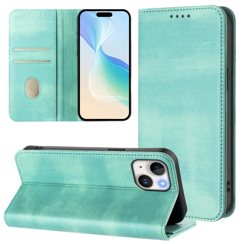 For iPhone 15 Wallet Cases Retro Texture RFID Blocking Leather Phone Cover - Mint Green-Cellmalls