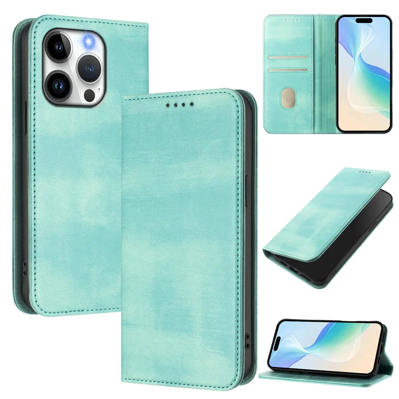 For iPhone 15 Pro Wallet Cases Retro Texture RFID Blocking Leather Phone Cover - Mint Green-Cellmalls
