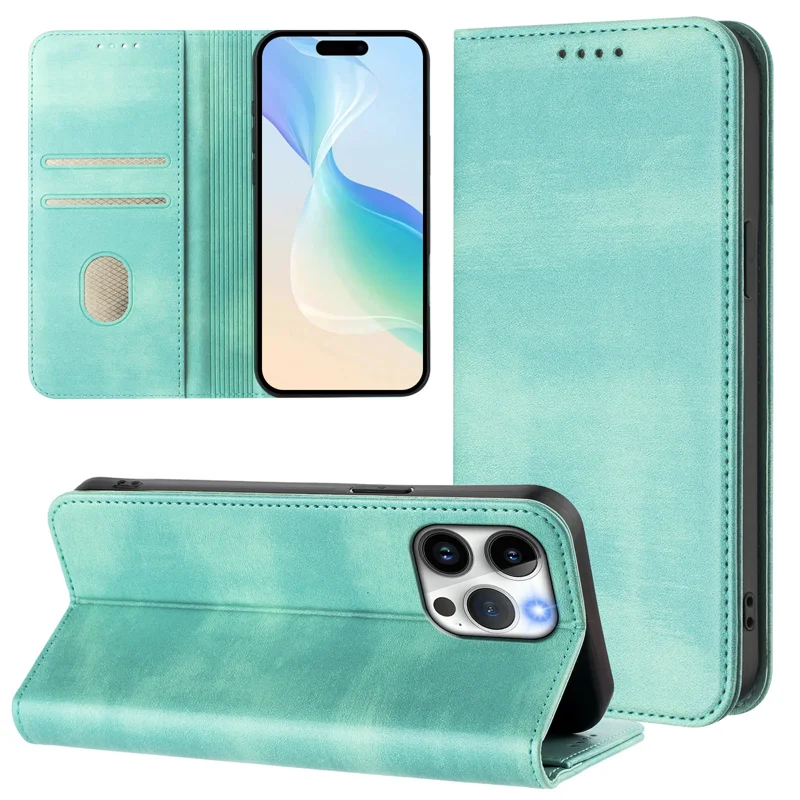 For iPhone 15 Pro Max Wallet Cases Retro Texture RFID Blocking Leather Phone Cover - Mint Green-Cellmalls