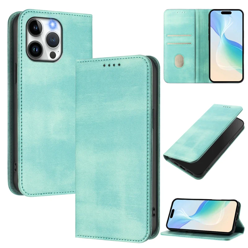 For iPhone 15 Pro Max Wallet Cases Retro Texture RFID Blocking Leather Phone Cover - Mint Green-Cellmalls