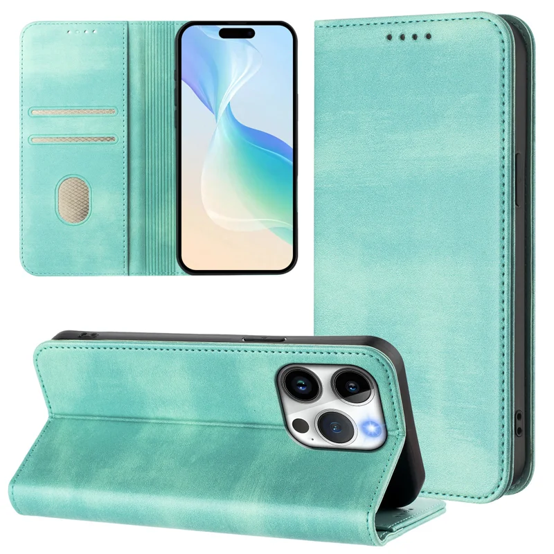 For iPhone 15 Pro Wallet Cases Retro Texture RFID Blocking Leather Phone Cover - Mint Green-Cellmalls