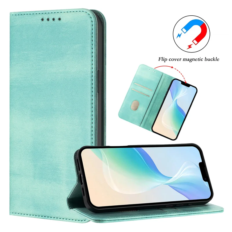 For iPhone 16 Wallet Cases Retro Texture RFID Blocking Leather Phone Cover - Mint Green-Cellmalls