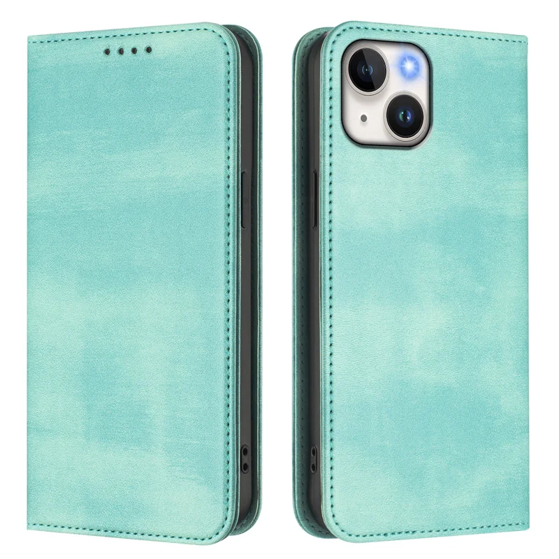 For iPhone 15 Wallet Cases Retro Texture RFID Blocking Leather Phone Cover - Mint Green-Cellmalls