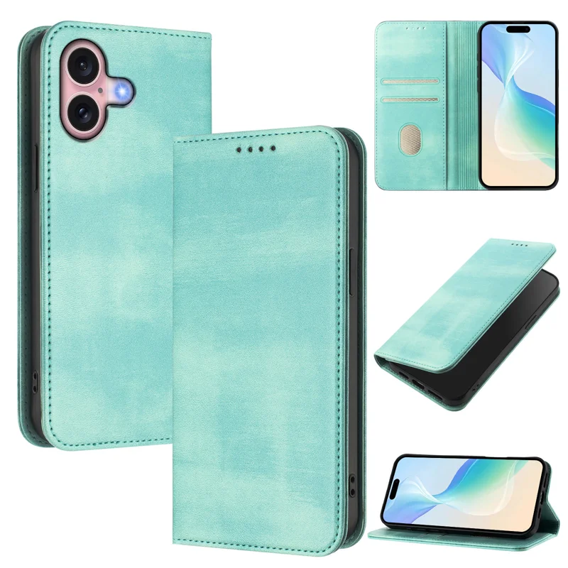 For iPhone 16 Wallet Cases Retro Texture RFID Blocking Leather Phone Cover - Mint Green-Cellmalls