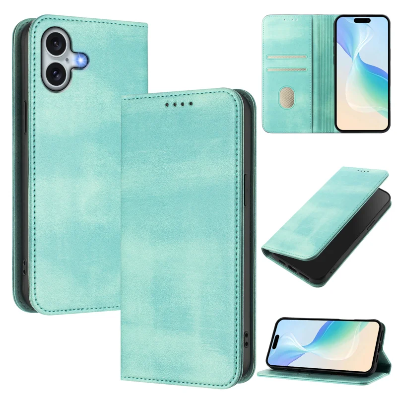 For iPhone 16 Plus Wallet Cases Retro Texture RFID Blocking Leather Phone Cover - Mint Green-Cellmalls