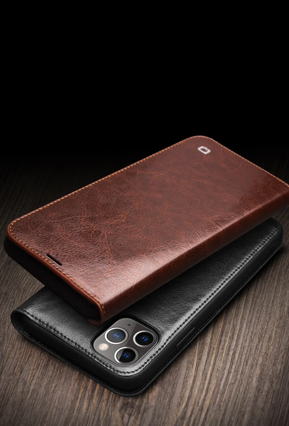 QIALINO Genuine Cowhide Leather Wallet Case for iPhone 11 Pro Max 6.5 inch (2019) - Black-Cellmalls