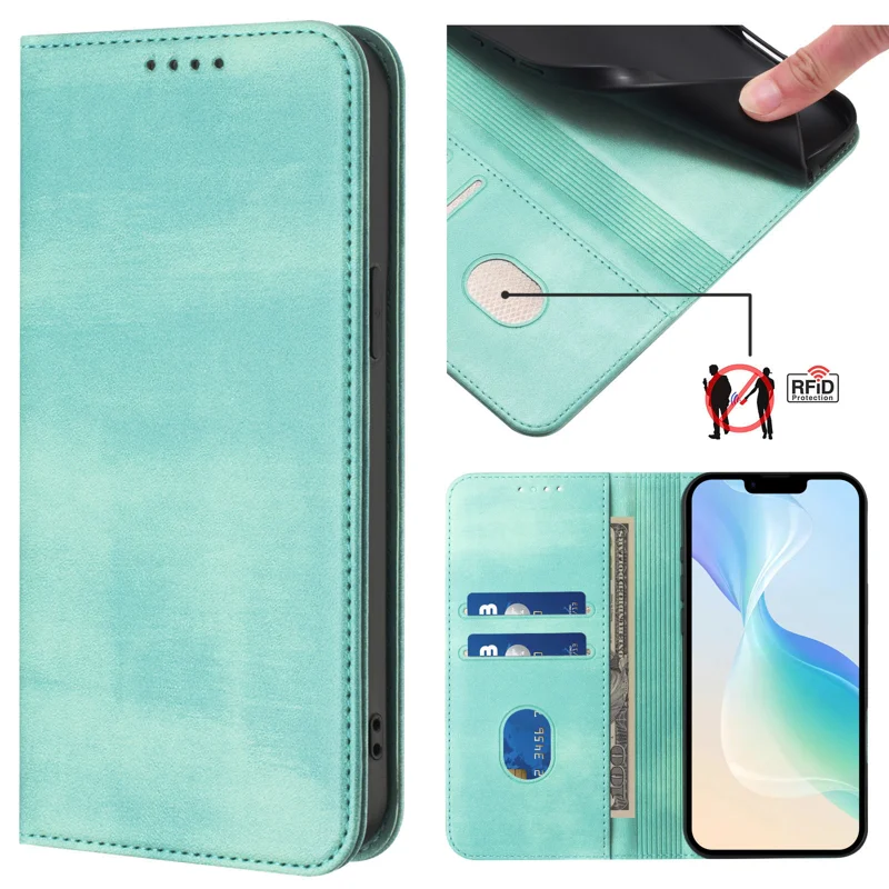 For iPhone 16 Plus Wallet Cases Retro Texture RFID Blocking Leather Phone Cover - Mint Green-Cellmalls