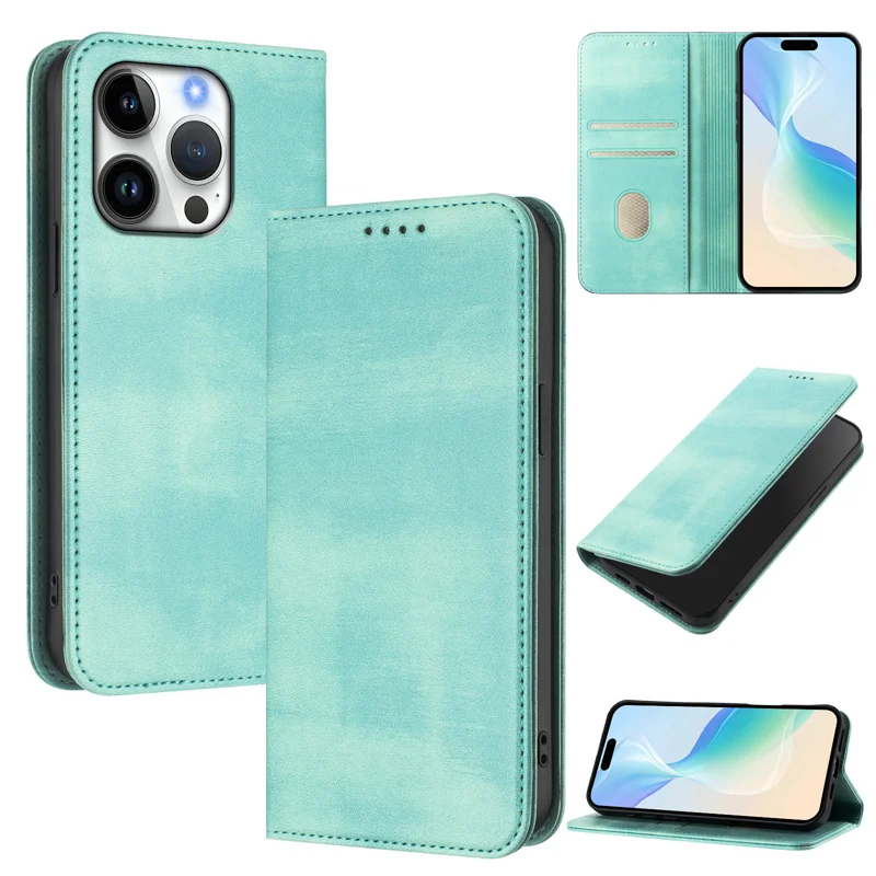 For iPhone 16 Pro Wallet Cases Retro Texture RFID Blocking Leather Phone Cover - Mint Green-Cellmalls
