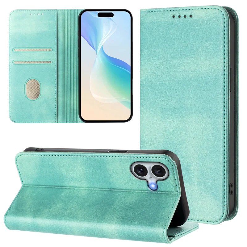 For iPhone 16 Plus Wallet Cases Retro Texture RFID Blocking Leather Phone Cover - Mint Green-Cellmalls
