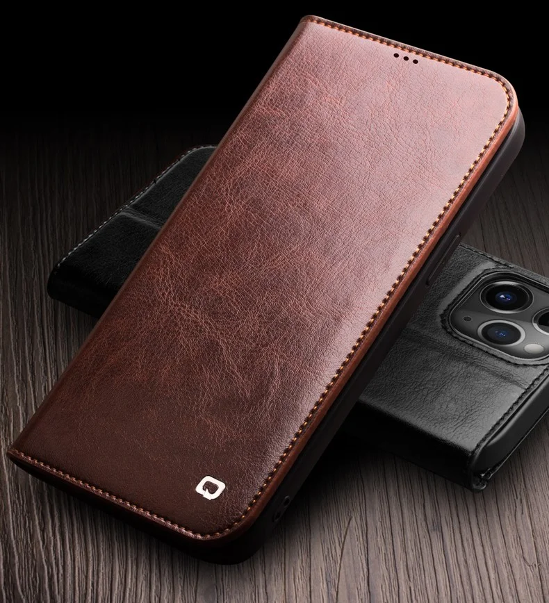 QIALINO For iPhone 12 / 12 Pro Genuine Cow Leather Wallet Case Folio Book Stand Flip Phone Cover - Black-Cellmalls