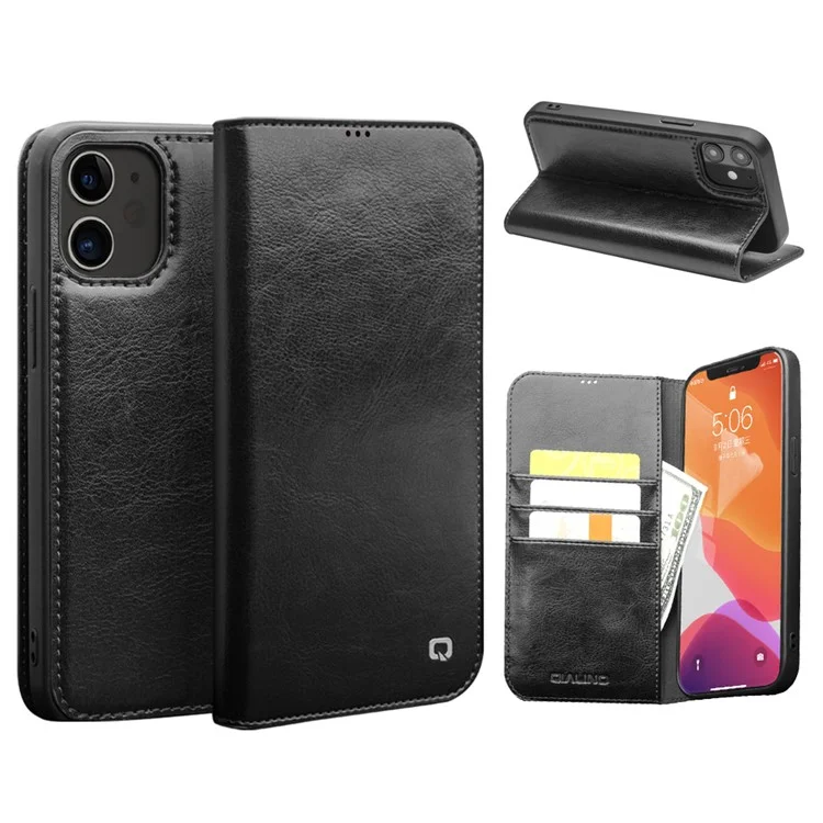 QIALINO For iPhone 12 / 12 Pro Genuine Cow Leather Wallet Case Folio Book Stand Flip Phone Cover - Black-Cellmalls