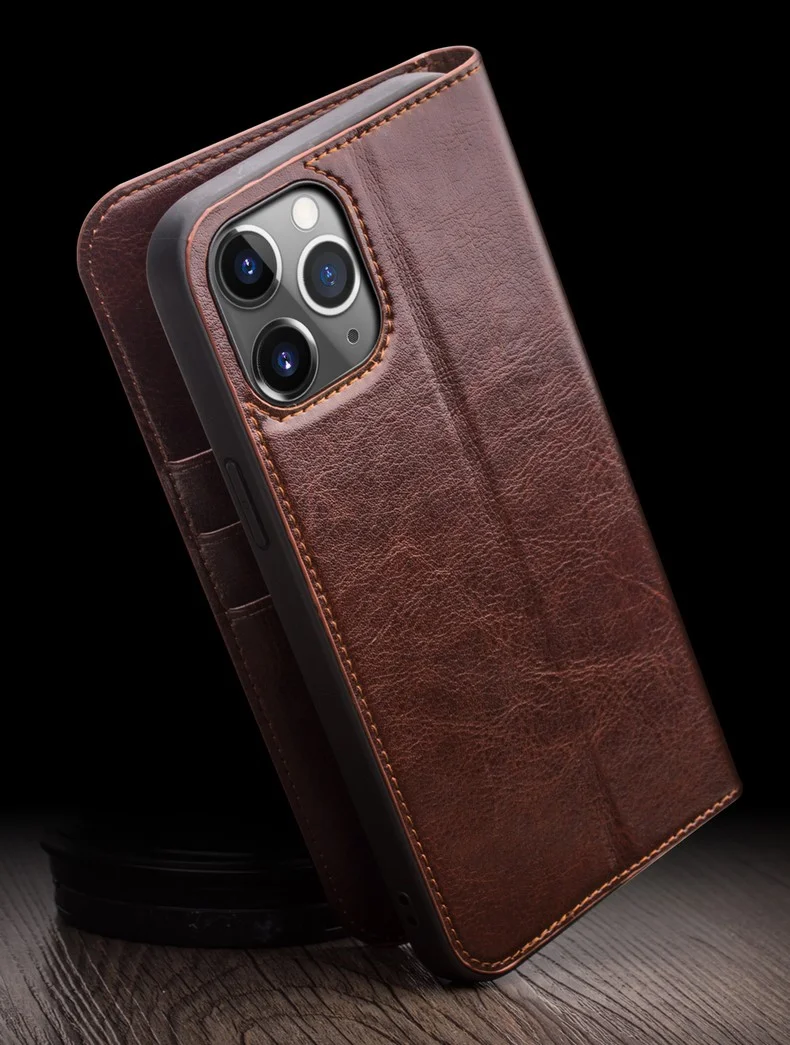 QIALINO For iPhone 12 / 12 Pro Genuine Cow Leather Wallet Case Folio Book Stand Flip Phone Cover - Black-Cellmalls