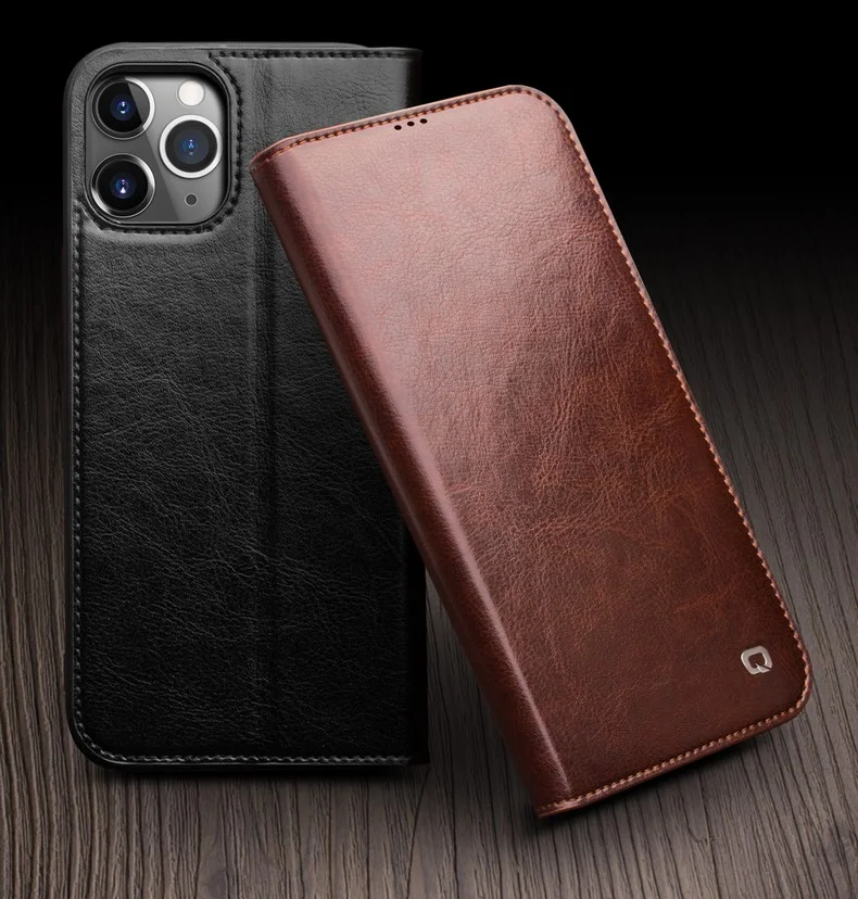 QIALINO For iPhone 12 Pro Max 6.7 inch Genuine Cowhide Leather Phone Case Wallet Stand Shockproof Protective Cover - Black-Cellmalls