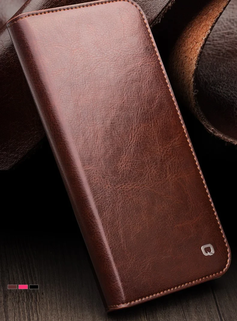 QIALINO For iPhone 12 / 12 Pro Genuine Cow Leather Wallet Case Folio Book Stand Flip Phone Cover - Black-Cellmalls