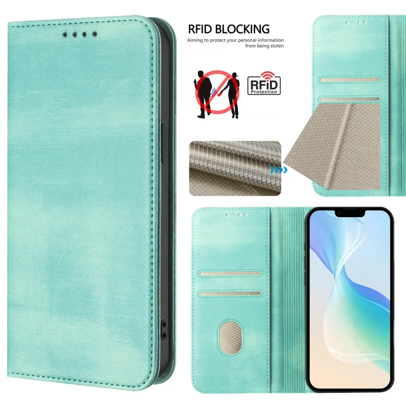 For iPhone 16 Pro Wallet Cases Retro Texture RFID Blocking Leather Phone Cover - Mint Green-Cellmalls