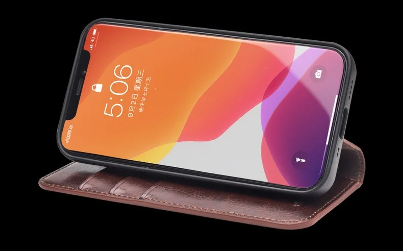 QIALINO For iPhone 12 Pro Max 6.7 inch Genuine Cowhide Leather Phone Case Wallet Stand Shockproof Protective Cover - Black-Cellmalls