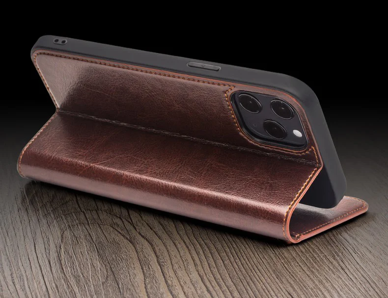 QIALINO For iPhone 12 Pro Max 6.7 inch Genuine Cowhide Leather Phone Case Wallet Stand Shockproof Protective Cover - Black-Cellmalls