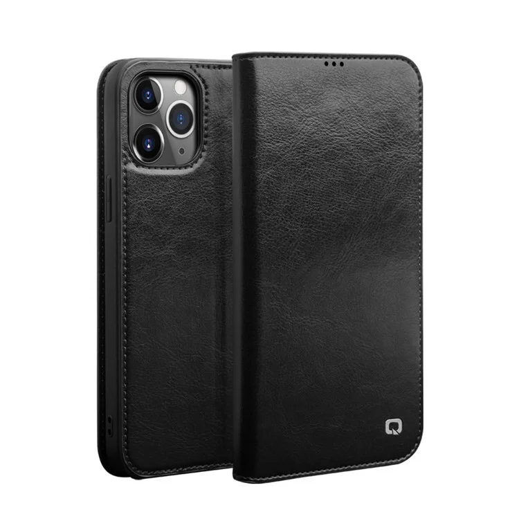 QIALINO For iPhone 12 Pro Max 6.7 inch Genuine Cowhide Leather Phone Case Wallet Stand Shockproof Protective Cover - Black-Cellmalls