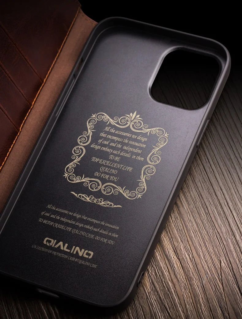QIALINO For iPhone 12 Pro Max 6.7 inch Genuine Cowhide Leather Phone Case Wallet Stand Shockproof Protective Cover - Black-Cellmalls