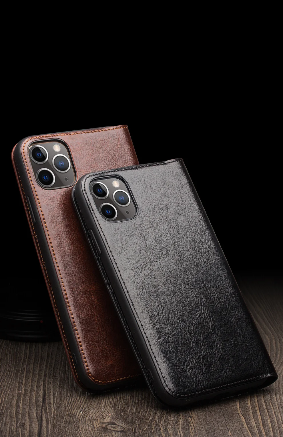 QIALINO Genuine Cowhide Leather Wallet Case for iPhone 11 Pro Max 6.5 inch (2019) - Black-Cellmalls